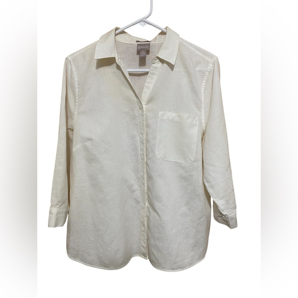 Chico’s Cream 3/4 Sleeve Linen Blend Button Front Wrinkle Resistant Shirt Size 2